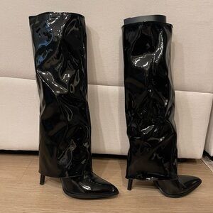 Black Patent Leather Fold Over Women's Stilettos Boots